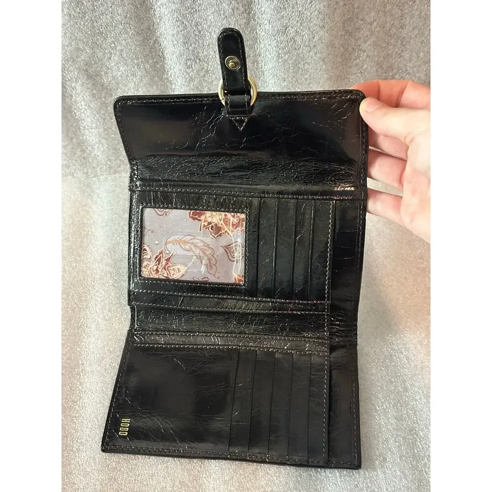 EUC Hobo International Black Leather Trifold Wallet Organizer Brass Hardware